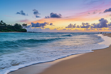 A serene beach scene at sunset with a colorful sky and calm ocean waves