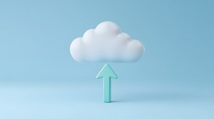 Minimalistic cloud icon with upward arrow representing cloud storage, upload, or transfer concept on light blue background.