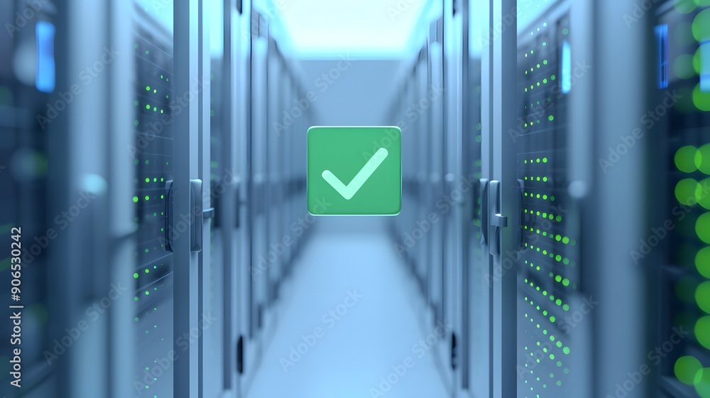 Poster modern data center aisle with servers and a floating green checkmark, symbolizing successful operati