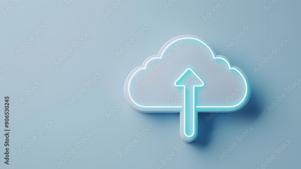 Poster minimalistic cloud symbol with upward arrow representing data upload, on a gradient blue background.