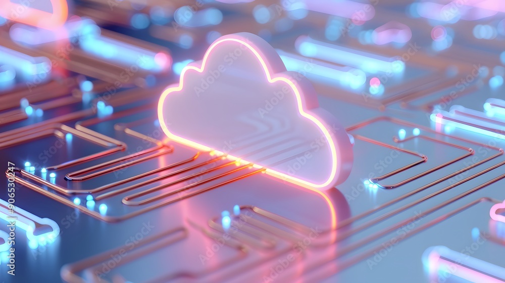 Poster modern cloud computing technology represented by a glowing cloud icon on a futuristic circuit board 