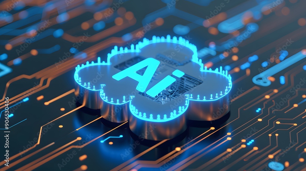 Poster neon ai symbol glowing on circuit board, representing artificial intelligence and technology innovat