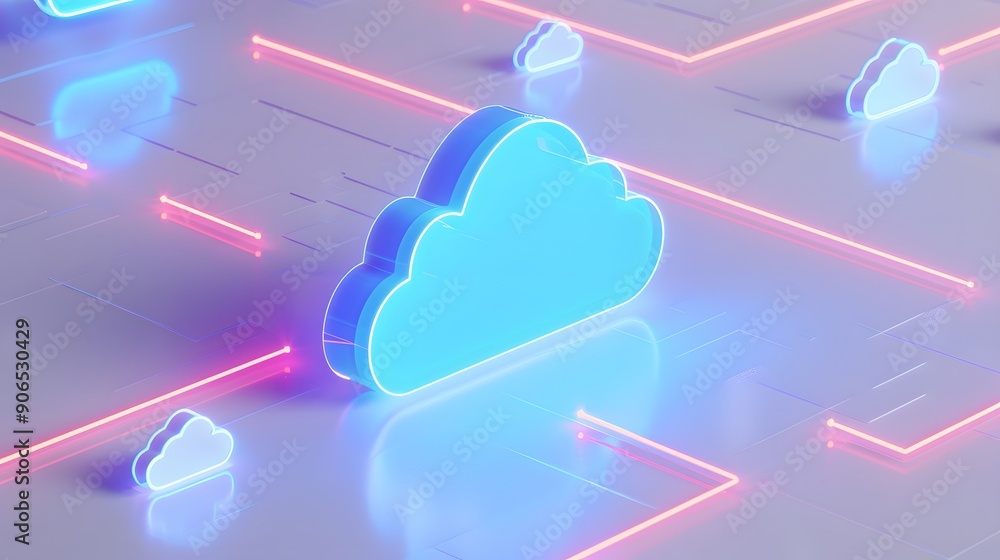 Poster neon blue cloud computing icons with red connecting lines, representing data storage, technology, an