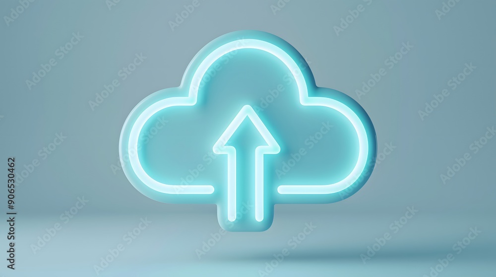 Aufkleber neon blue cloud upload icon representing cloud computing and data transfer in a modern, minimalistic