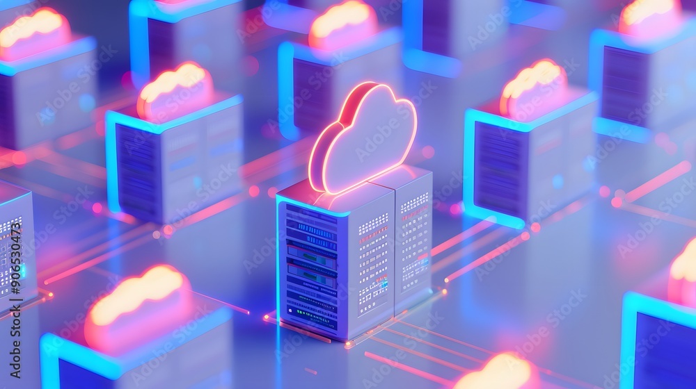 Poster neon cloud computing concept with glowing servers. digital data storage and transfer technology in a