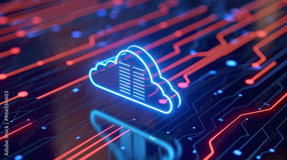 Poster neon cloud icon on futuristic circuit board background, representing cloud computing and modern tech