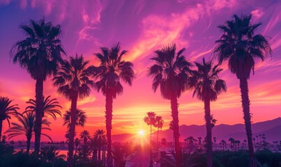 Palm trees framed by purple and pink shades of sunset create an incredible sight, Generative AI 