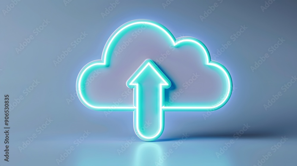 Poster neon cloud symbol with an upward arrow, representing file upload, data storage, and cloud computing 