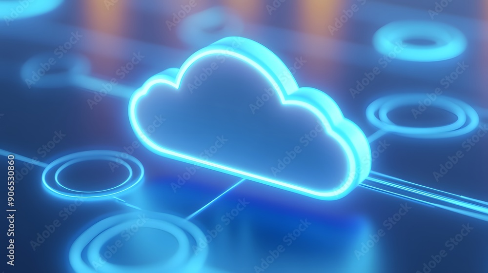 Poster neon glowing blue cloud symbol representing cloud computing technology on a futuristic network digit