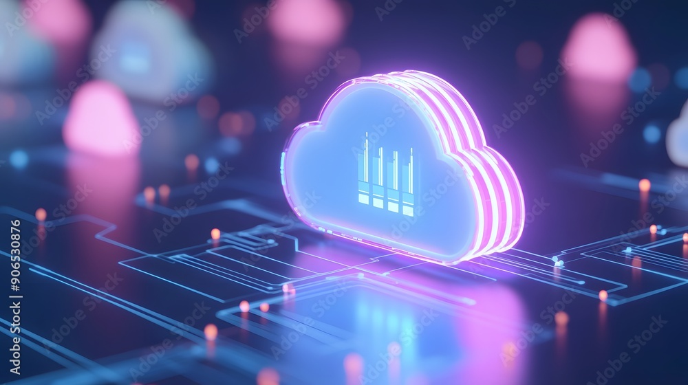 Poster neon glowing cloud computing symbol over a circuit board, representing modern cloud technology and d
