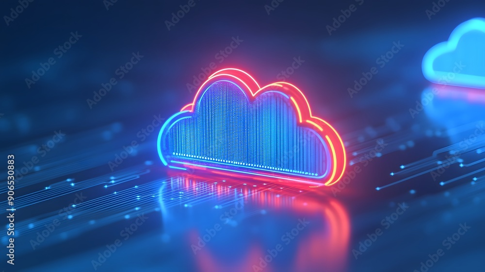 Poster neon glowing cloud icon representing cloud computing and technology concepts in a digital futuristic