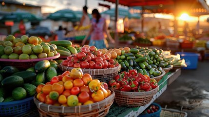 Organic market with colorful stalls and fresh produce, capturing the essence of healthy living, Realism, Bright hues, Photography