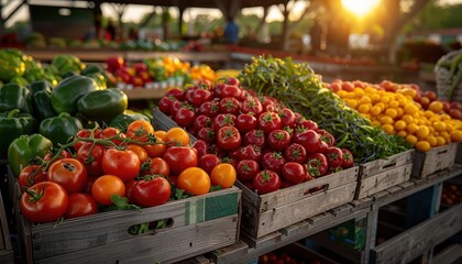 Organic market with fresh, colorful produce and lively vendors, capturing the essence of farmtotable, Realism, Bright hues, Photography