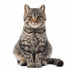 Beautiful tabby cat sitting and looking at the camera on white background