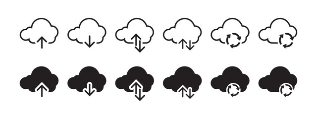 Versatile Cloud Computing Download and Upload Icons: Line, Outline, and Filled Vector Styles. Vector.