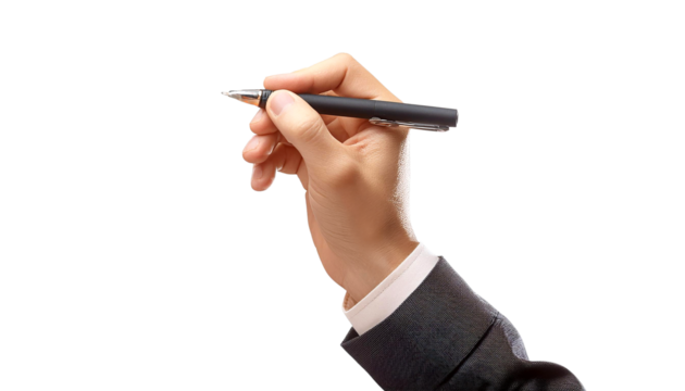 A business professional writing with a pen, symbolizing creativity, communication, and productivity in the workplace.