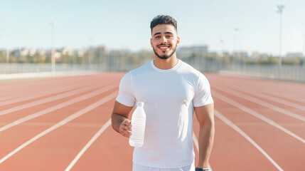 Obraz premium Handsome Young Man Standing on Orange Athletics Field Running Tracks, Smiling and Looking at Camera - Holding Water Bottle, Athlete Hydration Concept, Thirsty Fit Male Photo