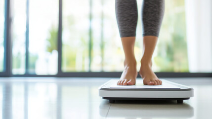 Barefoot Woman on Digital Scale Closeup - Monitoring Weight Loss, Female Fitness and Diet Lifestyle, Kilogram Display and Calorie Management Photo