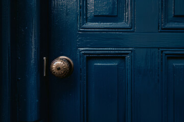 A classic blue door with a vintage knob, evoking a sense of nostalgia and mystery.