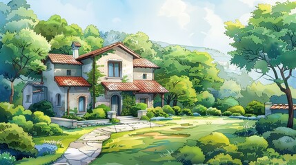 Fototapeta premium A charming cottage with a red tile roof nestled in a lush green landscape. A stone path leads to the front door.