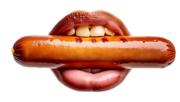 A creative shot of lips holding a juicy hot dog, showcasing a playful and fun culinary moment.