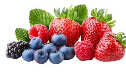 A vibrant assortment of fresh berries, including strawberries, blueberries, raspberries, and blackberries, garnished with green leaves.