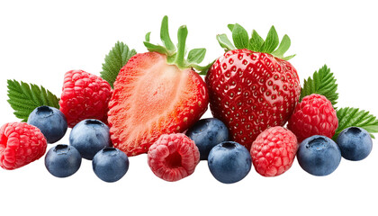 Obraz premium A vibrant assortment of fresh strawberries, blueberries, and raspberries, perfect for healthy recipes and summer dishes.