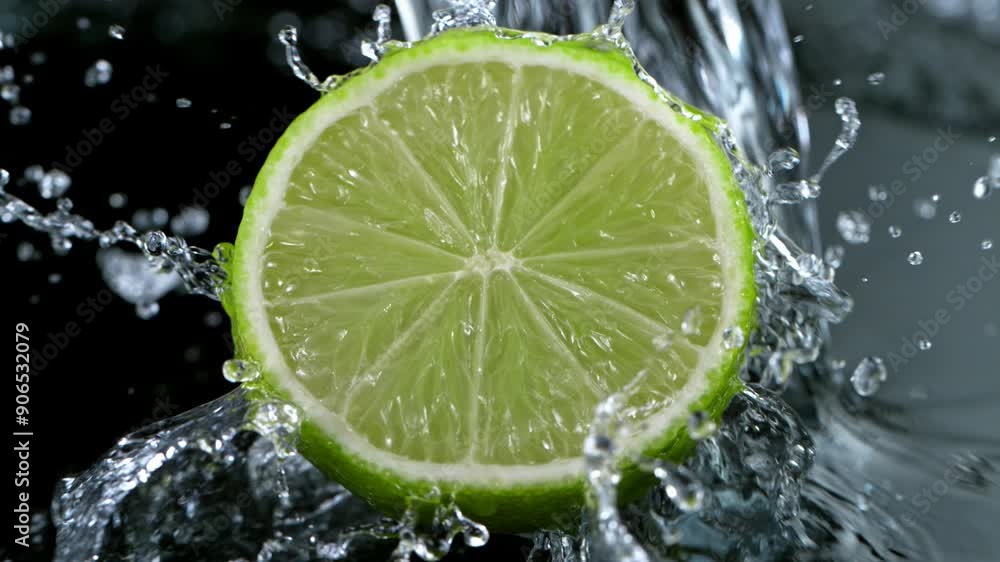 Poster Super Slow Motion of Lime Slice With Water Splashes . Isolated on Black Background. Filmed on High Speed Cinema Camera, 1000 Fps