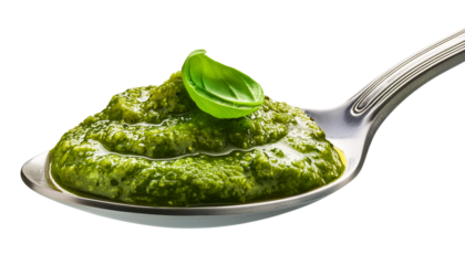 Delicious green pesto served on a spoon with fresh basil leaf garnish, perfect for enhancing various dishes.
