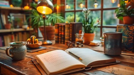 A planner sits open on a wooden desk, showcasing a busy week ahead. A mug and a pitcher are nearby, along with a desk lamp and glasses.