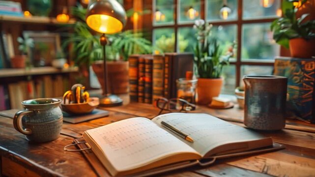 A planner sits open on a wooden desk, showcasing a busy week ahead. A mug and a pitcher are nearby, along with a desk lamp and glasses.