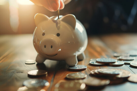 A white piggy bank is being filled with a coin, surrounded by scattered coins on a wooden surface.