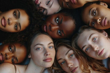 Fototapeta premium A diverse group of women lying in a circle, their heads close together, staring intently at the camera with expressions of strength and unity.