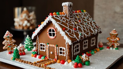  Gingerbread house with a chimney, candy decorations, and two gingerbread people