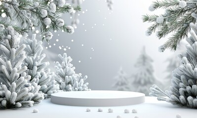 Winter holiday scene with snowy podium and fir branches decorated with lights
