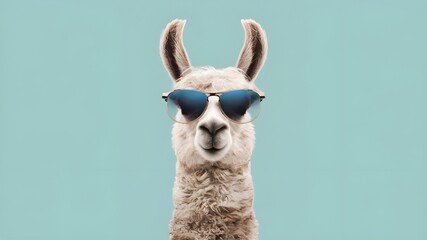 Obraz premium Surreal Llama with Sunglasses on Pastel Background. Discover a unique creative animal concept with this surreal image of a llama wearing sunglasses. Set against a solid pastel background.