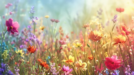 Obraz premium A vibrant flower background showcasing a field of wildflowers in full bloom, with a rainbow of colors including red, yellow, pink, and purple, creating a cheerful and lively scene, with a gentle