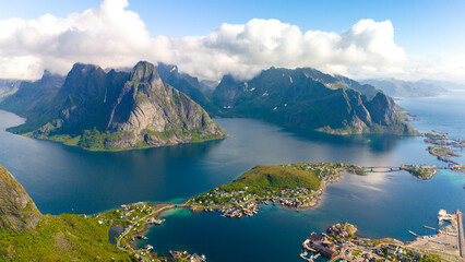 Breathtaking Aerial View of Lofoten Islands in Norway During a Sunny Day, Reinebringen