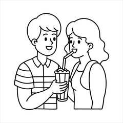 A couple sharing a milkshake with two straws line art vector
