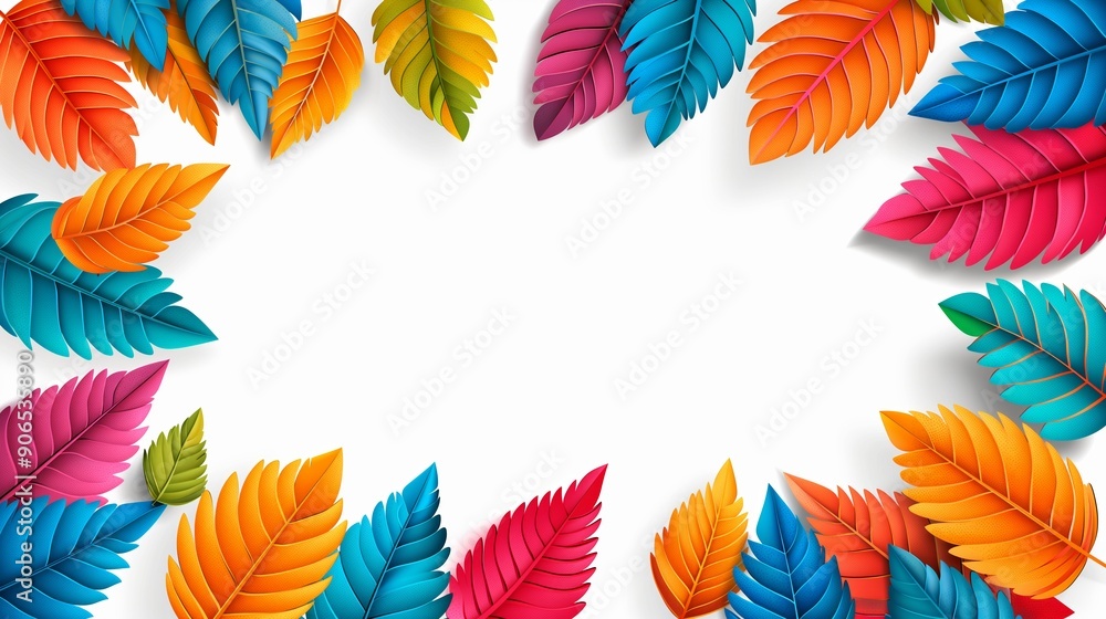 Poster a colorful leafy border with a white background. the leaves are in various colors and sizes, creatin