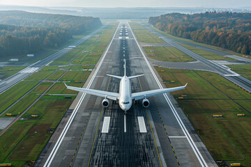 Aerial view of plane taking off from airport runway