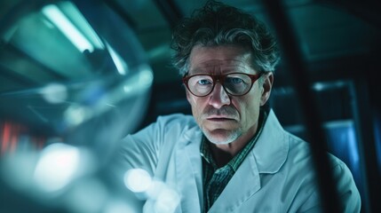 Scientist in lab coat with safety goggles Close-up 