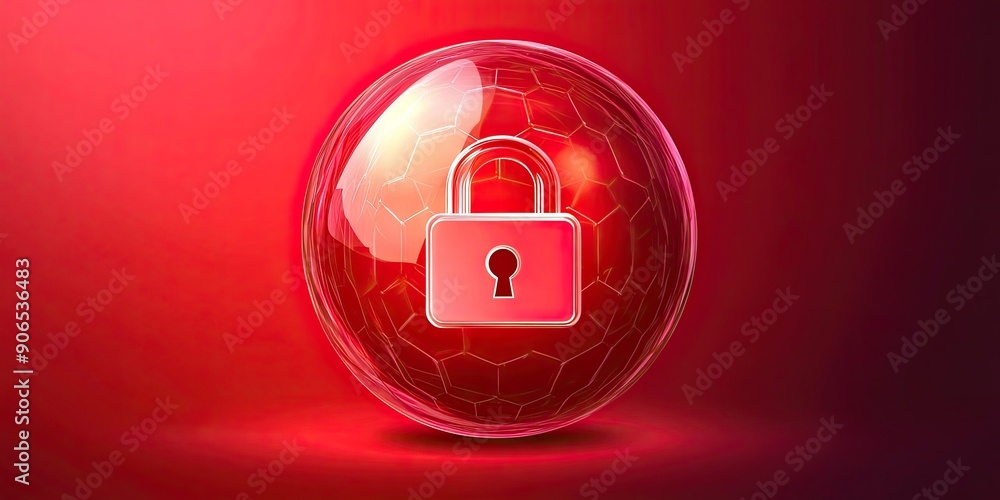 Poster transparent shield with padlock mark icon, light and hexagon pattern on red background