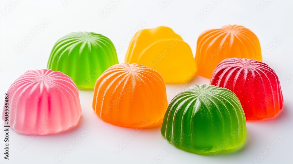 Poster A row of colorful jelly beans are displayed on a white background. The jelly beans are arranged in a pattern, with some being green, yellow, and red. Scene is cheerful and playful