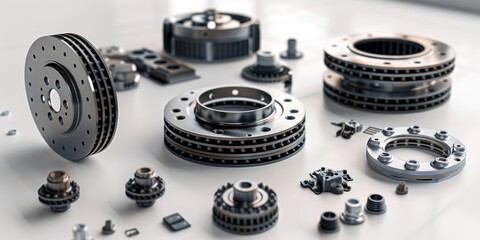3D Illustration of Car Suspension Components Next to Brake Disc, an Isolated Automotive Part Display on White Background