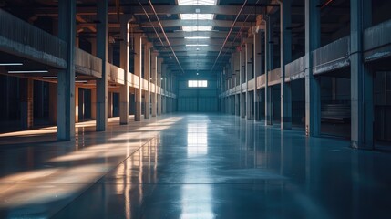 Fototapeta premium Empty Industrial Warehouse with Sunlight Streaming In
