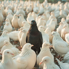 Black Pigeon Amid a Flock of White Pigeons - Standing Out and Embracing One's Unique Identity. Made with generative ai
