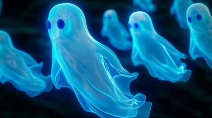 A group of ghostly blue creatures float in the air. The blue color of the ghosts gives them a ghostly appearance