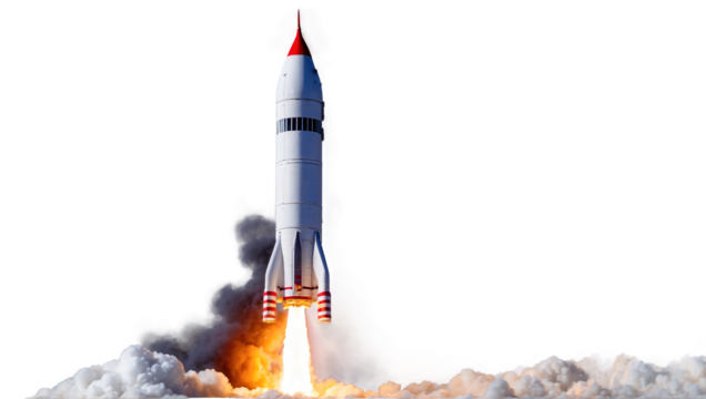 Rocket launch with fire and smoke trail isolated on white