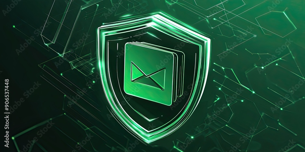 Poster transparent shield with file folder mark icon, light and hexagon pattern on green background